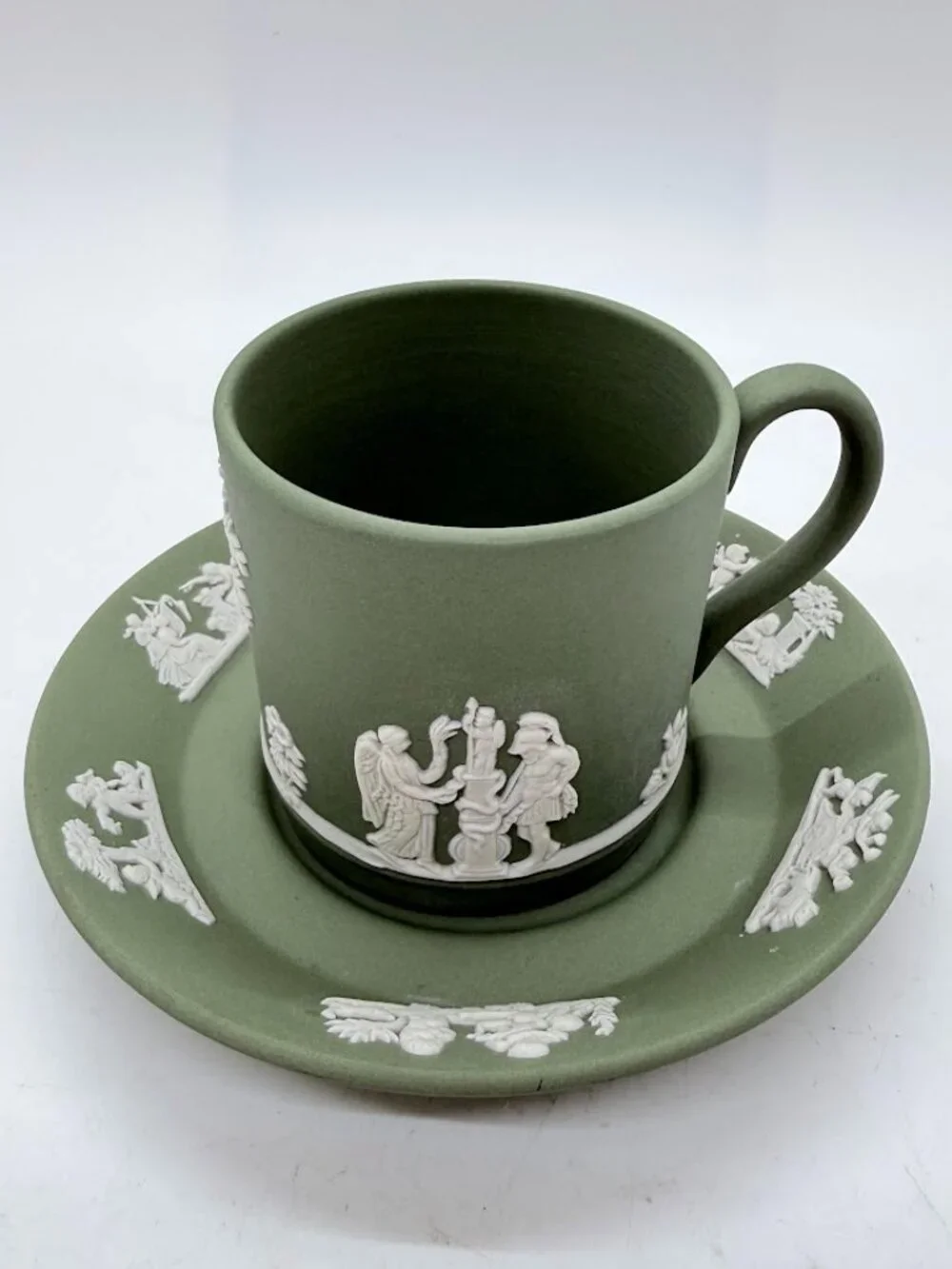 Vintage Wedgwood Sage Celadon Green Jasperware Demitasse Espresso Cup & Saucer